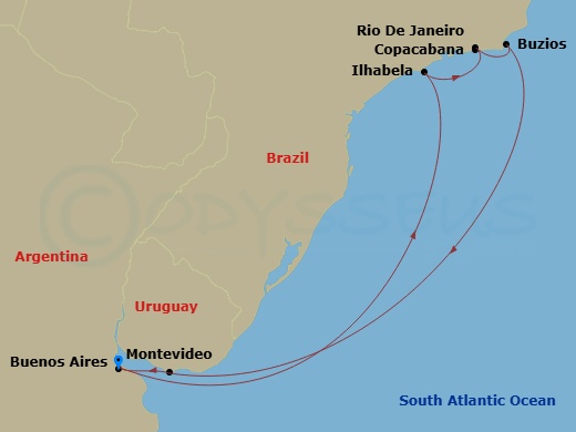 MSC Splendida - 9 Night - South America - MSC Splendida - Starting in Buenos Aires, Argentina, Ilhabela, Brazil, Rio De Janeiro, Brazil, Copacabana (Rio de Janeiro), Brazil,.. itinerary map