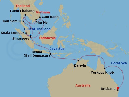 24 Night - Asia & Australia - Royal Princess - Starting in Singapore, Kuala Lumpur (Port Kelang), Malaysia, Cam Ranh (Nha Trang), Vietnam, Ho Chi Minh City (Phu My), Vietnam, Laem Chabang (for Bangkok), Thailand, Ko Samui, Thailand, Singapore, Bali (Benoa), Indonesia, Darwin, Australia, Yorkeys Knob (Cairns), Australia, Brisbane, Australia itinerary map