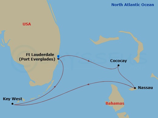 RCL Jewel of the Seas - 4 Night - Key West & Perfect Day Cruise - RCL Jewel of the Seas - Starting in Fort Lauderdale, Florida, Perfect Day Cococay, Bahamas, Nassau, Bahamas, Key Wes.. itinerary map