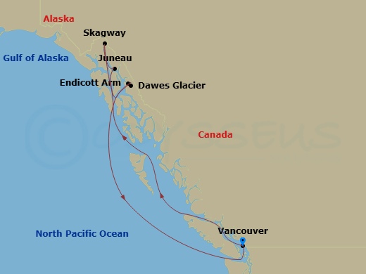 Coral Princess - 6 Night - Inside Passage (Roundtrip Vancouver) - Coral Princess - Starting in Vancouver, Canada, Juneau, Alaska, Skagway, Alaska, Tracy Arm Fjord (Scenic Crui.. itinerary map