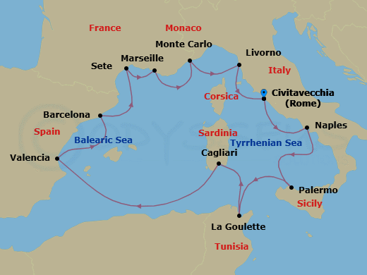 14 Night - Jewels of the Mediterranean - Viking Star - Starting in Rome (Civitavecchia), Naples, Palermo, Sicily, Tunis (La Goulette), Sardinia (Cagliari), Sail the Mediterranean Sea, Valencia, Barcelona, Sete, Marseille, Monte Carlo, Florence / Pisa (Livorno), Rome (Civitavecchia) itinerary map