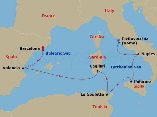 7 Night - Amalfi Coast, Africa & Iberia - Viking Star - Starting in Rome (Civitavecchia), Naples, Palermo, Sicily, Tunis (La Goulette), Sardinia (Cagliari), Sail the Mediterranean Sea, Valencia, Barcelona itinerary map