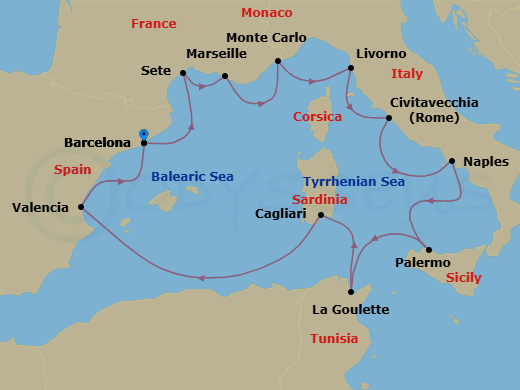 14 Night - Gems of the Mediterranean - Viking Star - Starting in Barcelona, Sete, Marseille, Monte Carlo, Florence / Pisa (Livorno), Rome (Civitavecchia), Naples, Palermo, Sicily, Tunis (La Goulette), Sardinia (Cagliari), Sail the Mediterranean Sea, Valencia, Barcelona itinerary map