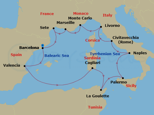 14 Night - Gems of the Mediterranean - Viking Libra - Starting in Barcelona, Valencia, Sail the Mediterranean Sea, Sardinia (Cagliari), Tunis (La Goulette), Palermo, Sicily, Naples, Rome (Civitavecchia), Florence / Pisa (Livorno), Monte Carlo, Marseille, Sete, Barcelona itinerary map