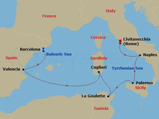 7 Night - Amalfi Coast, Africa & Iberia - Viking Libra - Starting in Barcelona, Valencia, Sail the Mediterranean Sea, Sardinia (Cagliari), Tunis (La Goulette), Palermo, Sicily, Naples, Rome (Civitavecchia) itinerary map