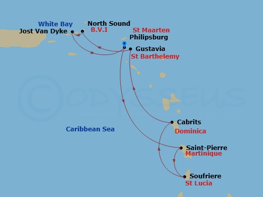 11 Night - Caribbean Roundtrip from St Maarten (Philipsburg) - Sea Cloud II - Starting in Philipsburg, Saint-Pierre, Soufriere, Cabrits, Gustavia, North Sound / Virgin Gorda, Sail Through the Sir Francis Drake Channel, White Bay, Jost Van Dyke, Philipsburg itinerary map