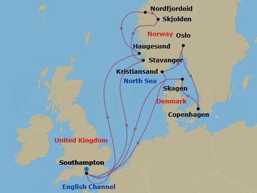 14 Night - Norwegian Fjords & Scandinavia - Sky Princess - Starting in Southampton (for London), England, Kristiansand, Norway, Oslo, Norway, Copenhagen, Denmark, Skagen, Denmark, Southampton (for London), England, Haugesund, Norway, Nordfjordeid, Norway, Skjolden / Sognefjord, Norway, Stavanger, Norway, Southampton (for London), England itinerary map