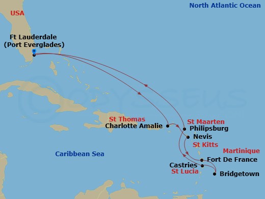 Coral Princess - 11 Night - Southern Caribbean with Martinique Holiday - Coral Princess - Starting in Fort Lauderdale, Florida, St Thomas, US Virgin Islands, St Kitts, Martini.. itinerary map