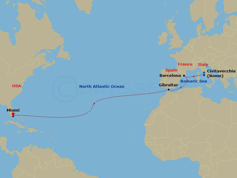 NCL Norwegian Luna - 13 Night - Repo - Transatlantic - NCL Norwegian Luna - Starting in Civitavecchia Rome, Italy, Barcelona, Spain, Gibraltar, Miami, Fl itinerary map