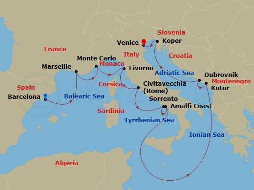 Azamara Journey - 11 Night - Best of the Mediterranean Cruise : Monte Carlo, Amalfi & Venice - Azamara Journey - Starting in Barcelona, Provence (Marseille), Monte Carlo, Flore.. itinerary map