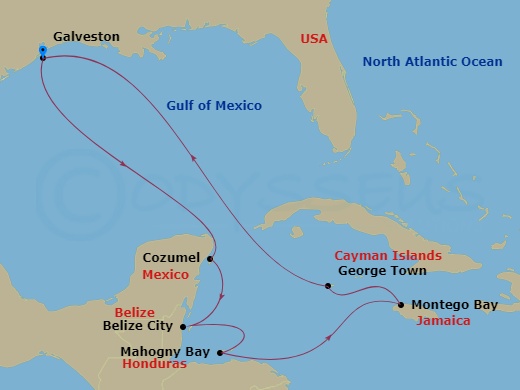 Carnival Sunshine - 10 Night - Western Caribbean - Carnival Sunshine - Starting in Galveston, Tx, Cozumel, Mexico, Belize, Isla Tropicale, Roatan, Montego Bay, Jamaica, Grand Cay.. itinerary map