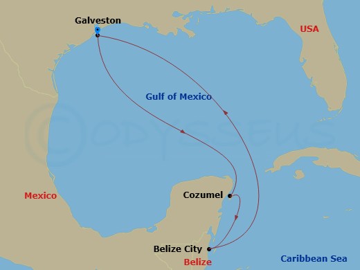 Carnival Sunshine - 6 Night - Western Caribbean - Carnival Sunshine - Starting in Galveston, Tx, Cozumel, Mexico, Belize, Galveston, Tx itinerary map