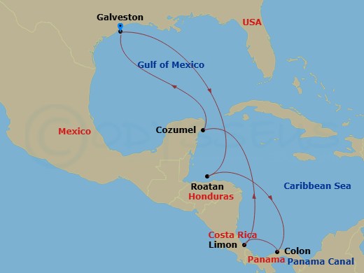 Carnival Sunshine - 10 Night - Caribbean & Panama - Carnival Sunshine - Starting in Galveston, Tx, Isla Tropicale, Roatan, Colon (Panama Canal), Panama, Limon, Costa Rica, Cozume.. itinerary map