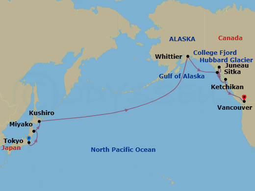 19 Night - Alaska & North Pacific Crossing - Coral Princess - Starting in Tokyo, Japan, Miyako, Japan, Kushiro, Japan, Cross International Date Line, Anchorage (Whittier), Alaska, College Fjord (Scenic Cruising), Alaska, Hubbard Glacier (Scenic Cruising), Alaska, Sitka, Alaska, Juneau, Alaska, Ketchikan, Alaska, Vancouver, Canada itinerary map