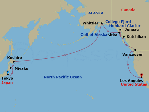 23 Night - Alaska & North Pacific Crossing - Coral Princess - Starting in Tokyo, Japan, Miyako, Japan, Kushiro, Japan, Cross International Date Line, Anchorage (Whittier), Alaska, College Fjord (Scenic Cruising), Alaska, Hubbard Glacier (Scenic Cruising), Alaska, Sitka, Alaska, Juneau, Alaska, Ketchikan, Alaska, Vancouver, Canada, Los Angeles, California itinerary map