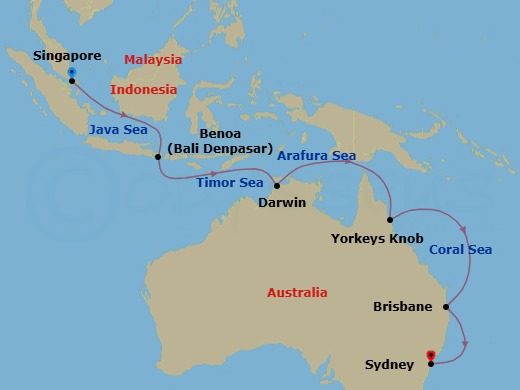 15 Night - Asia & Australia - Royal Princess - Starting in Singapore, Bali (Benoa), Indonesia, Darwin, Australia, Yorkeys Knob (Cairns), Australia, Brisbane, Australia, Sydney AU itinerary map