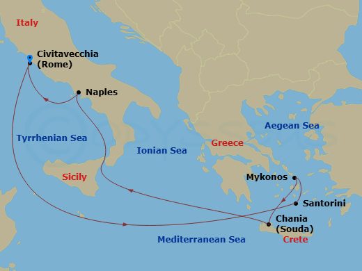 7 Night - Mediterranean with Greek Isles Cruise from Civitavecchia - Disney Dream - Starting in Civitavecchia, Santorini, Mykonos, Chania, Naples, Civitavecchia itinerary map
