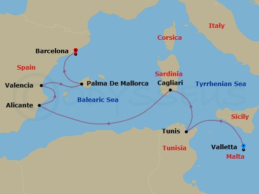 7 Night - Europe & Mediterranean - Crystal Symphony - Starting in Valletta, Tunis, Cagliari (Sardinia), Alicante, Valencia, Palma De Mallorca, Barcelona itinerary map