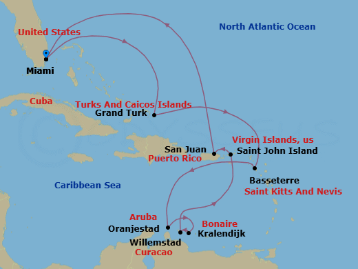 14 Night - Miami to Miami - Silver Ray - Starting in Miami, Fl, Grand Turk, St Kitts (Basseterre), Oranjestad, Aruba, Kralendijk, Bonaire, Willemstad AN, Curacao, St John VI, San Juan, Miami, Fl itinerary map