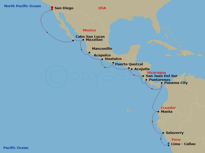 NCL Norwegian Jade - 17 Night - Repo - Panama Canal - NCL Norwegian Jade - Starting in Callao / Lima, Peru, Salaverry / Trujillo, Peru, Manta, Ecuador, Panama City, Panama, Puntar.. itinerary map