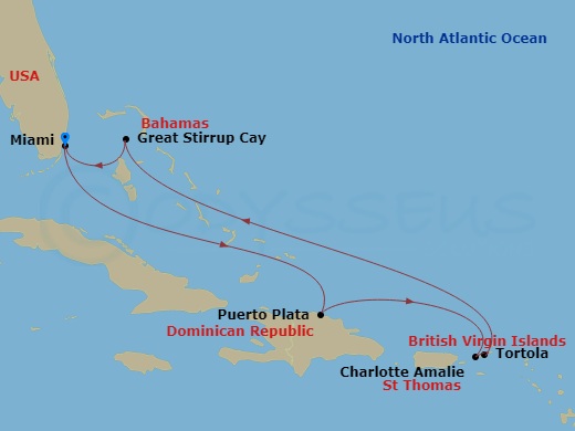 NCL Norwegian Aqua - 7 Night - Eastern Caribbean - Miami - NCL Norwegian Aqua - Starting in Miami, Puerto Plata, Dominican Republic, St Thomas, Tortola, Great Stirrup Cay, Miami itinerary map