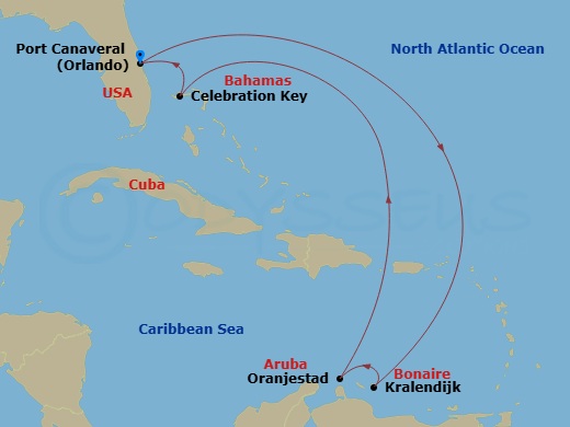 Carnival Vista - 8 Night - Southern Caribbean - Carnival Vista - Starting in Port Canaveral (Orlando), Fl, Bonaire, Aruba, Celebration Key, the Bahamas, Port Canaveral (Orland.. itinerary map