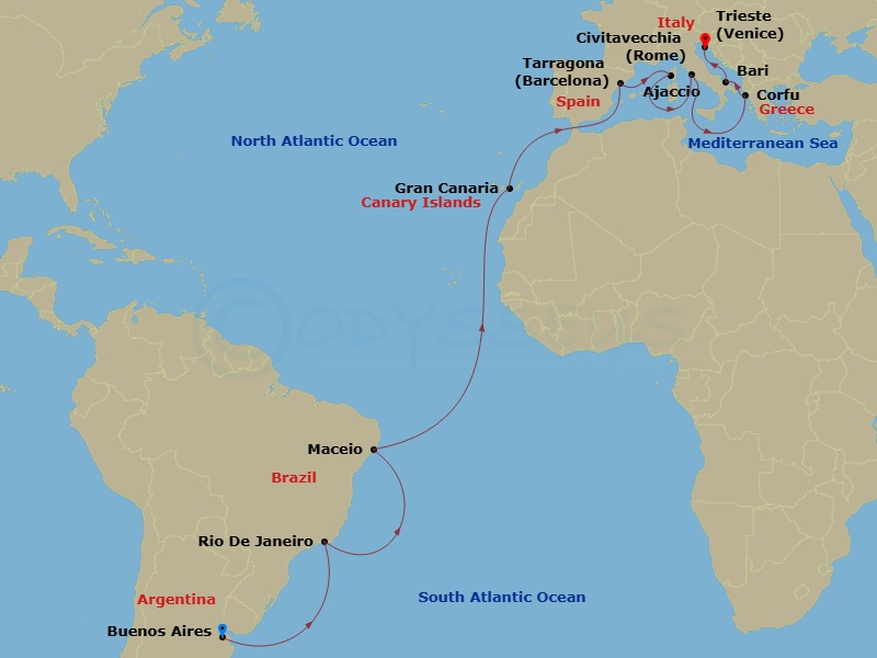 22 Night - Msc Grand Voyages - MSC Splendida - Starting in Buenos Aires, Argentina, Rio De Janeiro, Brazil, Maceio, Brazil, Las Palmas de Gran Canaria (Canary Islands), Spain, Tarragona, Spain, Ajaccio (Corsica), France, Civitavecchia (Rome), Italy, Corfu, Greece, Bari, Italy, Trieste (Venice), Italy itinerary map