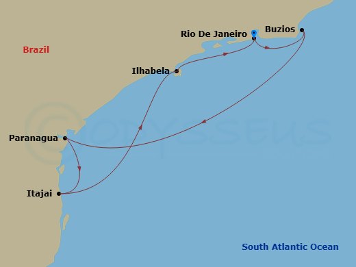 MSC Lirica - 6 Night - South America - MSC Lirica - Starting in Rio De Janeiro, Brazil, Buzios, Brazil, Paranagua, Brazil, Itajai, Brazil, Ilhabela, Brazil, Rio De Janeiro.. itinerary map