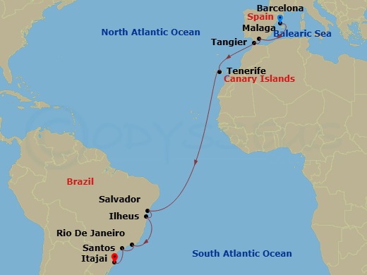 MSC Lirica - 17 Night - Msc Grand Voyages - MSC Lirica - Starting in Barcelona, Spain, Malaga (Granada), Spain, Tangier (Tetouan), Morocco, Santa Cruz de Tenerife, Salvado.. itinerary map