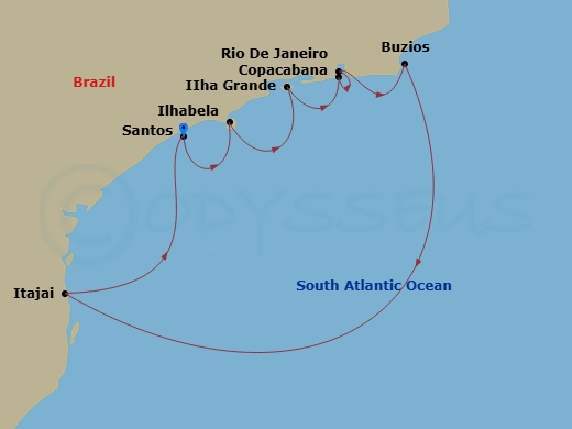 MSC Sinfonia - 7 Night - South America - MSC Sinfonia - Starting in Santos (Sao Paulo), Brazil, Ilhabela, Brazil, Ilha Grande, Brazil, Copacabana (Rio de Janeiro), Brazil, R.. itinerary map