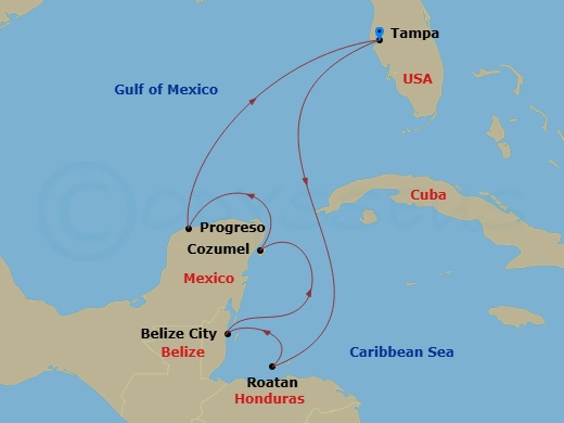 7 Night - Western Caribbean - Carnival Spirit - Starting in Tampa, Fl, Isla Tropicale, Roatan, Belize, Cozumel, Mexico, Progreso, Yucatan, Mexico, Tampa, Fl itinerary map