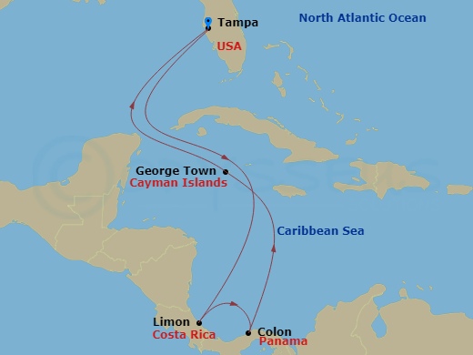 Carnival Spirit - 8 Night - Caribbean & Panama - Carnival Spirit - Starting in Tampa, Fl, Limon, Costa Rica, Colon (Panama Canal), Panama, Grand Cayman, Cayman Islands, Tampa, Fl itinerary map