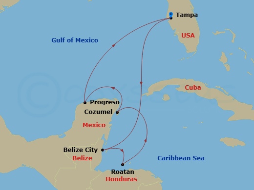 7 Night - Western Caribbean - Carnival Spirit - Starting in Tampa, Fl, Belize, Isla Tropicale, Roatan, Cozumel, Mexico, Progreso, Yucatan, Mexico, Tampa, Fl itinerary map