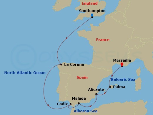8 Night - Northern Europe - MSC Virtuosa - Starting in Southampton (London), United Kingdom, La Coruna (Santiago De Compostela), Spain, Cadiz (Seville), Spain, Malaga (Granada), Spain, Alicante, Spain, Palma De Mallorca (Balearic Islands), Spain, Marseille (Provence), France itinerary map
