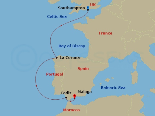 MSC Virtuosa - 5 Night - Northern Europe - MSC Virtuosa - Starting in Southampton (London), United Kingdom, La Coruna (Santiago De Compostela), Spain, Cadiz (Seville), Spain.. itinerary map