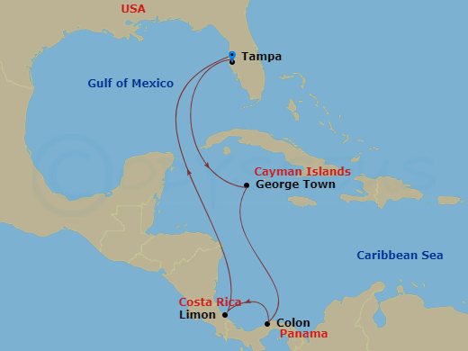 Carnival Spirit - 8 Night - Caribbean & Panama - Carnival Spirit - Starting in Tampa, Fl, Grand Cayman, Cayman Islands, Colon (Panama Canal), Panama, Limon, Costa Rica, Tampa, Fl itinerary map