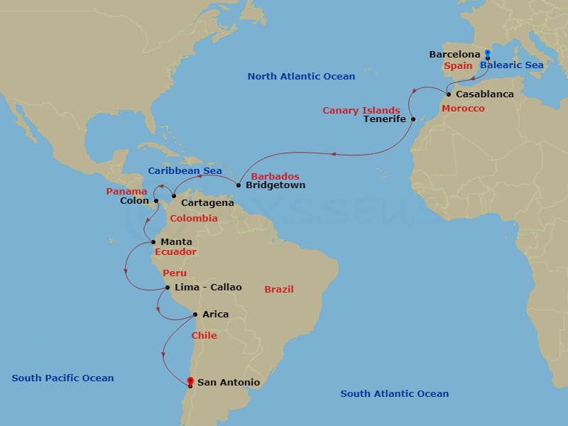 Costa Deliziosa - 26 Night - Round World from Barcelona - Costa Deliziosa - Starting in Barcelona, Casablanca, Santa Cruz de Tenerife, Bridgetown, Barbados, Cartagena CO, Colom.. itinerary map