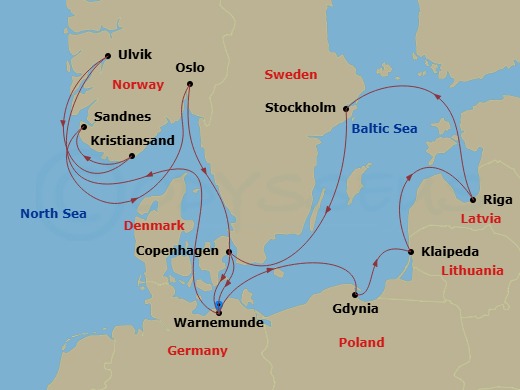 MSC Magnifica - 14 Night - Northern Europe - MSC Magnifica - Starting in Warnemunde (Berlin), Germany, Ulvik, Norway, Kristiansand, Norway, Sandnes, Norway, Oslo, Norway, Cop.. itinerary map