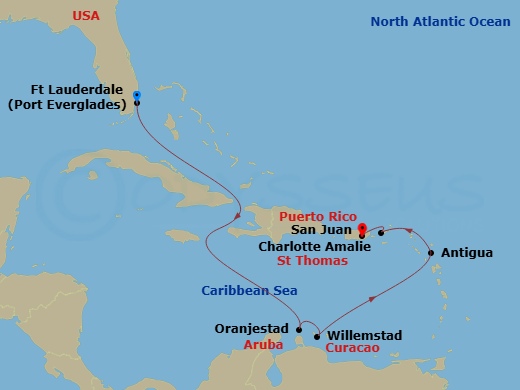 Crown Princess - 8 Night - Southern Caribbean Islander Holiday - Crown Princess - Starting in Fort Lauderdale, Florida, Aruba, Curacao, Antigua, St Thomas, US Virgin Islands,.. itinerary map