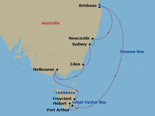 Grand Princess - 12 Night - Australia Roundtrip from Brisbane - Grand Princess - Starting in Brisbane, Australia, Newcastle AU, Sydney AU, Eden, Australia, Melbourne, Australi.. itinerary map