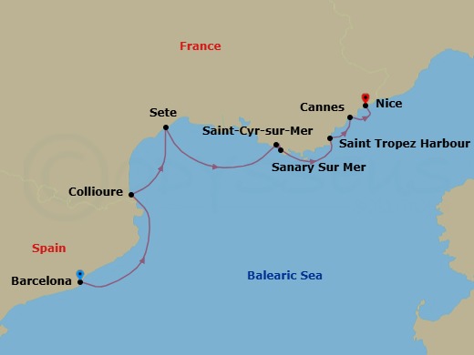 7 Night - French Riviera Delight Cruise - SeaDream II - Starting in Barcelona, Collioure, Sete, Saint-Cyr-sur-Mer, Sanary-sur-mer, St Tropez, Cannes, Nice itinerary map