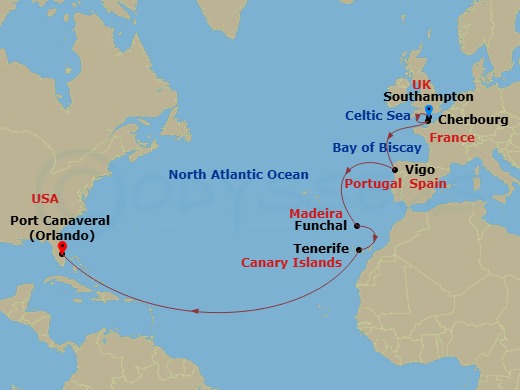 Sky Princess - 15 Night - Spain & Portugal Passage - Sky Princess - Starting in Southampton (for London), England, Cherbourg, France, Vigo, Spain (for Santiago de Compostela.. itinerary map