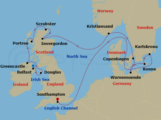 15 Night - Eclipse Across Belfast Skies - Oceania Vista - Starting in Belfast, Douglas, Greencastle, Portree (Isle of Skye), Scrabster, Invergordon, United Kingdom, Kristiansand, Copenhagen, Berlin (Warnemunde), Ronne (Bornholm), Karlskrona, London (Southampton) itinerary map