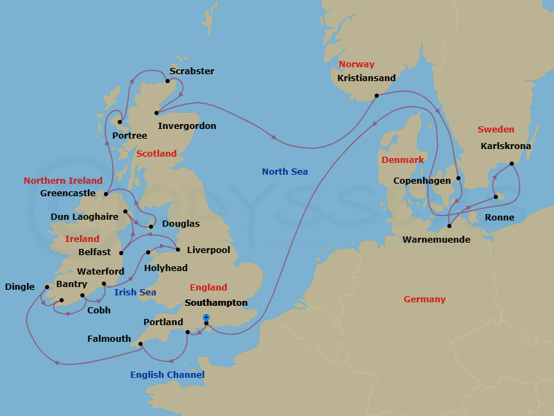 25 Night - British Isles Eclipse - Oceania Vista - Starting in London (Southampton), Portland UK, Falmouth (Cornwall), Dingle, Bantry, Cork (Cobh), Waterford, Holyhead, Liverpool, Dublin (Dun Laoghaire), Belfast, Douglas, Greencastle, Portree (Isle of Skye), Scrabster, Invergordon, United Kingdom, Kristiansand, Copenhagen, Berlin (Warnemunde), Ronne (Bornholm), Karlskrona, London (Southampton) itinerary map