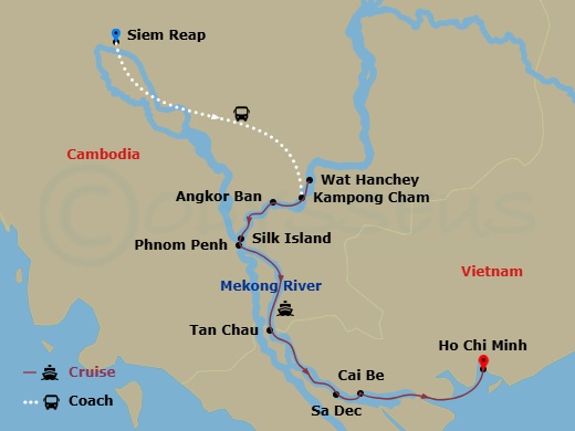 7 Night - Luxury Mekong - Scenic Spirit - Starting in Siem Reap / Mekong Cruise, Wat Hanchey / Kampong Cham, Angkor Ban / Silk Island / Phnom Penh, Phnom Penh, Phnom Penh / Border Crossing / Tan Chau, Tan Chau, Sa Dec / Cai Be, Mekong Cruise / Ho Chi Minh City itinerary map