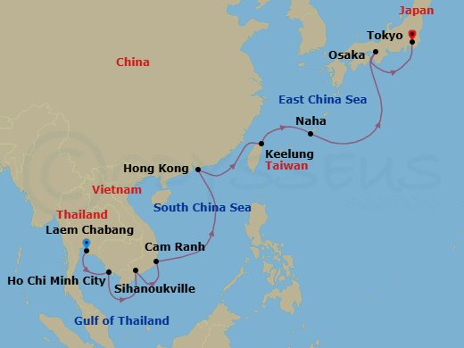 16 Night - Iconic Skylines, Starry Nights - Seven Seas Explorer - Starting in Bangkok (Laem Chabang), Sihanoukville, Cruising the South China Sea, Ho Chi Minh City (Saigon), Cam Ranh, Cruising the South China Sea, Hong Kong, Cruising the Taiwan Strait, Taipei (Keelung), Okinawa (Naha), Cruising the East China Sea, Osaka, Cruising the Pacific Ocean, Tokyo itinerary map