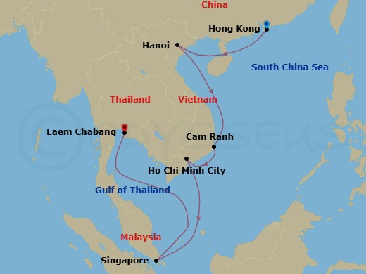12 Night - Skyscrapers & Sanctuaries - Seven Seas Explorer - Starting in Hong Kong, Cruising the Hainan Strait, Hanoi (Ha Long Bay), Cruising the South China Sea, Cam Ranh, Ho Chi Minh City (Saigon), Cruising the South China Sea, Singapore, Cruising the Gulf of Thailand, Bangkok (Laem Chabang) itinerary map