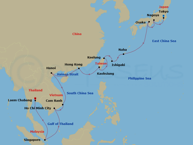 22 Night - Eastern Elegance - Seven Seas Explorer - Starting in Tokyo, Nagoya, Osaka, Cruising the Philippine Sea, Okinawa (Naha), Ishigaki (Sakishima Islands), Taipei (Keelung), Kaohsiung, Hong Kong, Cruising the Hainan Strait, Hanoi (Ha Long Bay), Cruising the South China Sea, Cam Ranh, Ho Chi Minh City (Saigon), Cruising the South China Sea, Singapore, Cruising the Gulf of Thailand, Bangkok (Laem Chabang) itinerary map