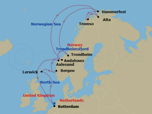 14 Night - Arctic Journey & Northern Lights - Nieuw Statendam - Starting in Rotterdam, the Netherlands, Alesund, Norway, Trondheim, Norway, Scenic Cruising Trondheimsfjord, Crossing the Arctic Circle, Hammerfest, Norway, Tromso, Norway, Alta, Norway, Crossing the Arctic Circle, Andalsnes, Norway, Bergen, Norway, Lerwick, Shetland Islands, United Kingdom, Rotterdam, the Netherlands itinerary map