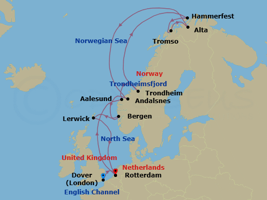 15 Night - Arctic Journey & Northern Lights - Nieuw Statendam - Starting in Dover UK (London), England, Rotterdam, the Netherlands, Alesund, Norway, Trondheim, Norway, Scenic Cruising Trondheimsfjord, Crossing the Arctic Circle, Hammerfest, Norway, Tromso, Norway, Alta, Norway, Crossing the Arctic Circle, Andalsnes, Norway, Bergen, Norway, Lerwick, Shetland Islands, United Kingdom, Rotterdam, the Netherlands itinerary map
